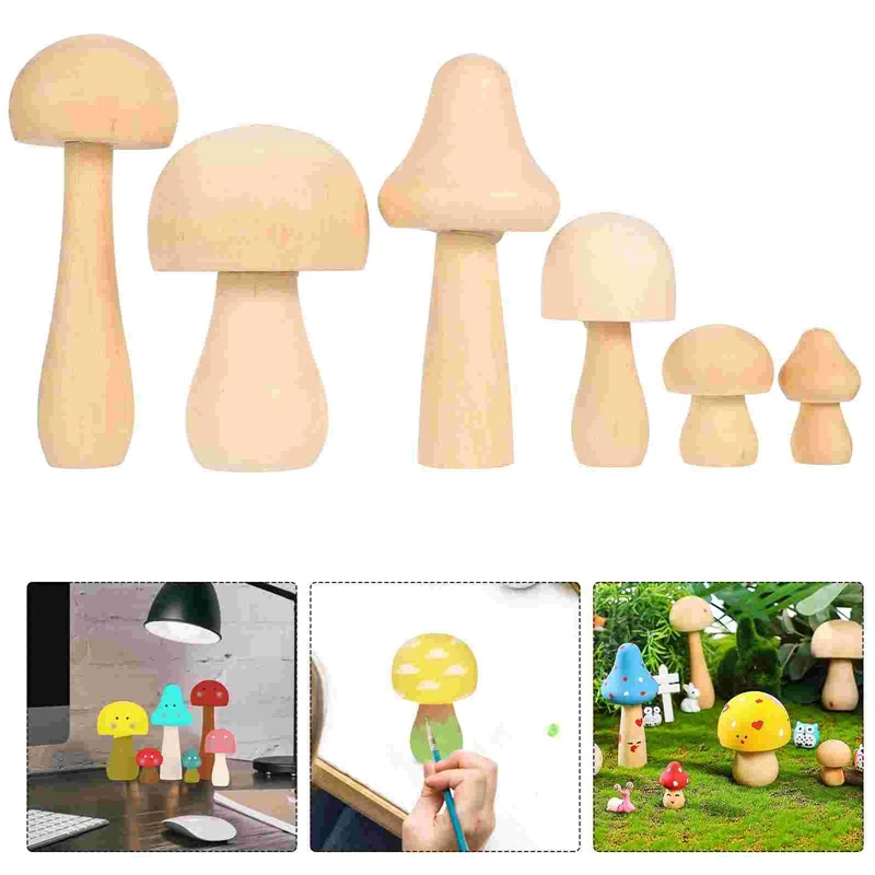 6Pcs Natural Mushroom-Shaped Wooden Toys Unfinished Mushroom DIY Crafts Painting Peg Dolls Ornament Kids Toy Decoration