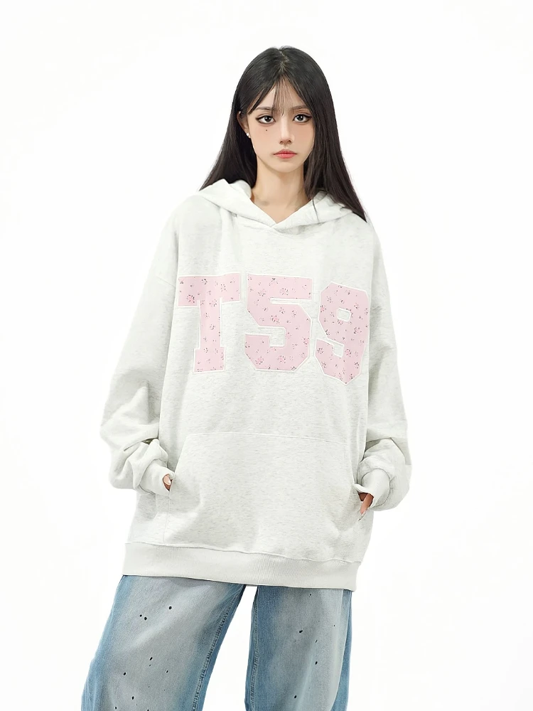 

QWEEK Harajuku Letter Hoodie Sweet Gitls Korean Fashion Kpop Streetwear Pullovers Gray Long Sleeve Top 2024 Autumn Winter