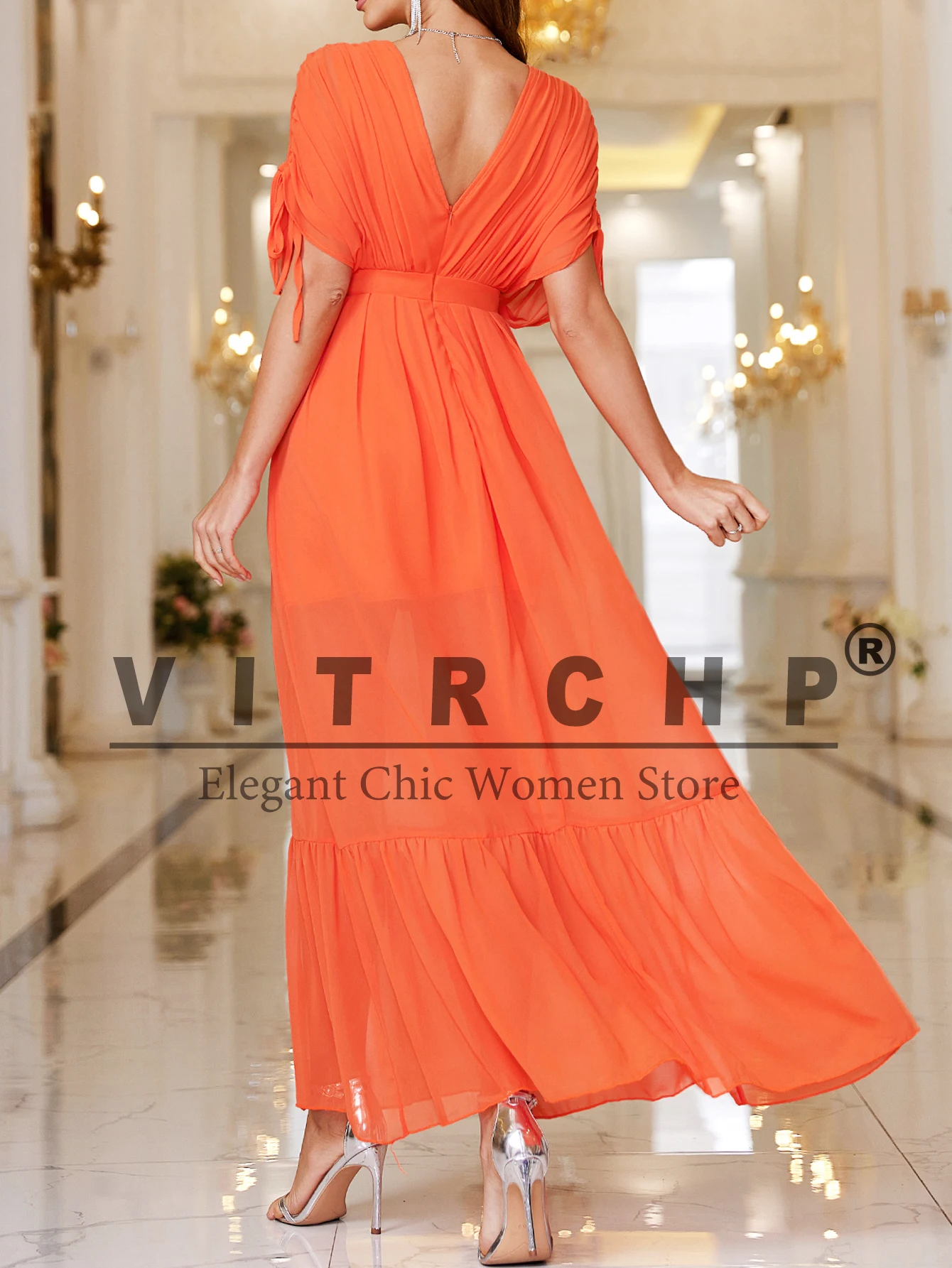 VITRCHP Orange Evening Wedding Party Dresses V-Neck Sexy Tulle Long Dress For Dancing Parties Prom Gown Summer Beach Vestidos