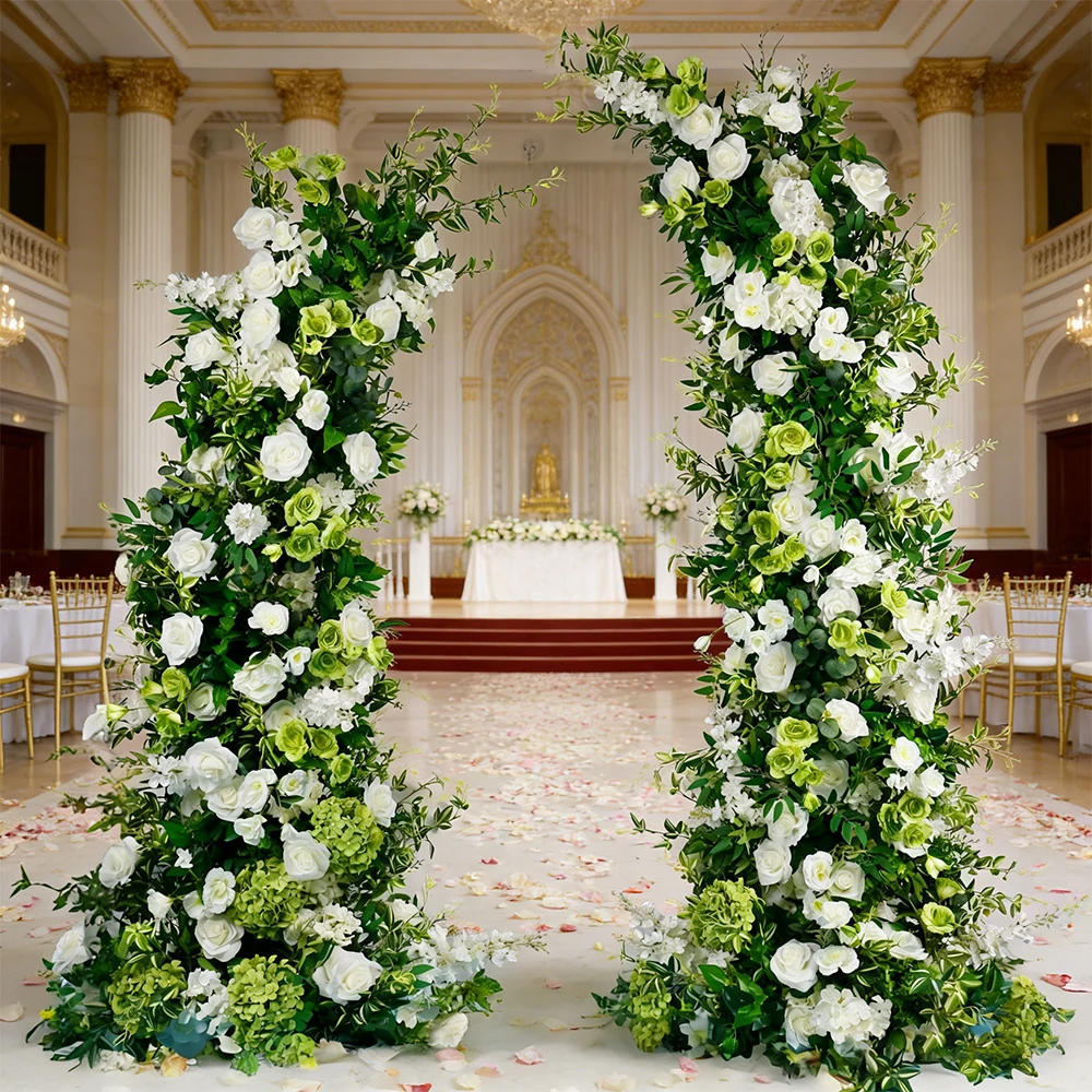 

Искусственные белые розы, гортензии, зеленые листья, цветочные композиции для центра стола, декоративные шары, свадебный фон, арка-стойка в форме бычьего рога, декоративные элементы