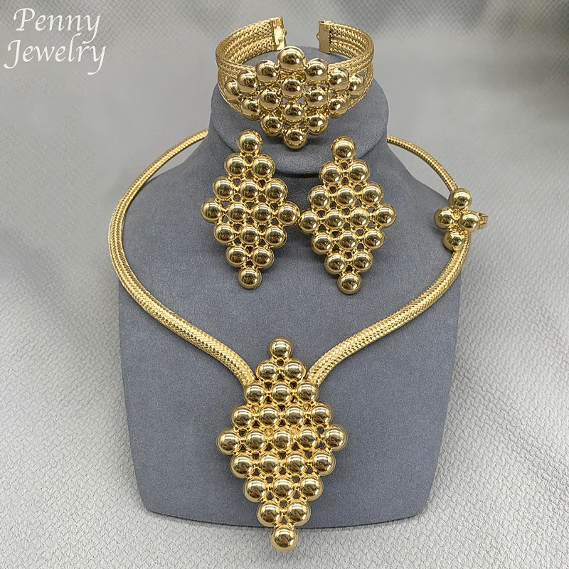 

4Pcs Golden Jewellery Sets 18K Gold Plated Jewelry Set Women Chunky Necklace Earring Bracelet Ring Italian Wedding Party Gifts