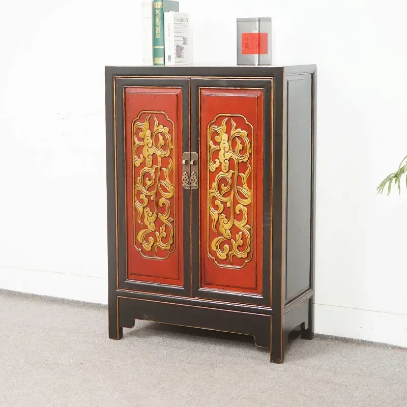 Antique Gold Traced Cabinet Ming Qing Dynasty Style Old Tea Cabinet Republic of China Era Bookcase Sideboard Low Cupboard