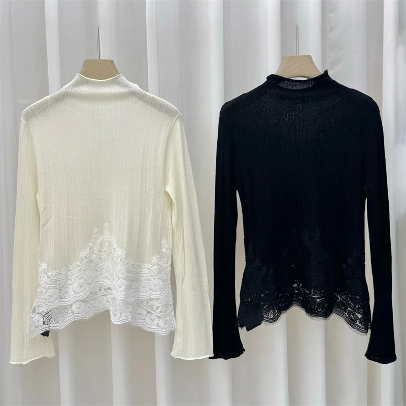 

Women's sweater New Elastic slim fit long sleeved top for autumn 2025 Lace patchwork pullover wool blend Women's turtleneck y2k