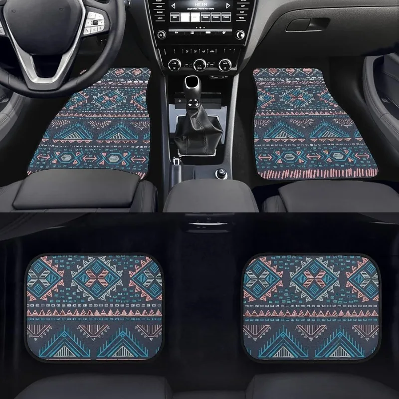 4pcs Aztec Tribe Car Floor Mats Compatible For SUV, Truck, Sedan - Blue/Red/Black Tribal Pattern, Heavy-Duty All-Weather Protect