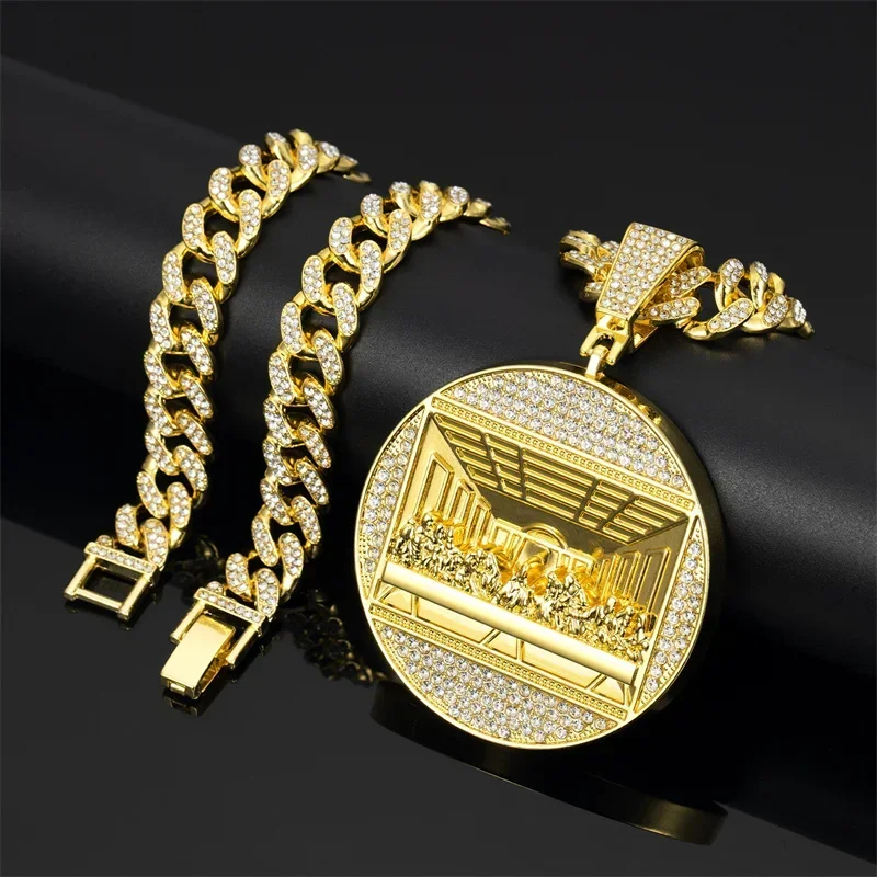 

Hip Hop Round Last Supper Pendant Necklace Iced Out Cuban Chain Statement Steetwaer Jewelry For Men Women Party Gift