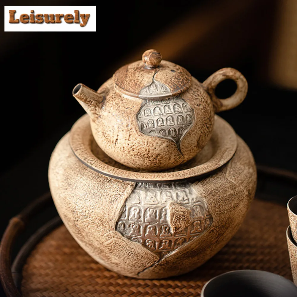 Handmade Old Rock Mud Thousand Buddhas Tea Set Complete Set Tea Ceremony Set Household Teapot and Tea Cup Set Cha Teaware Craft