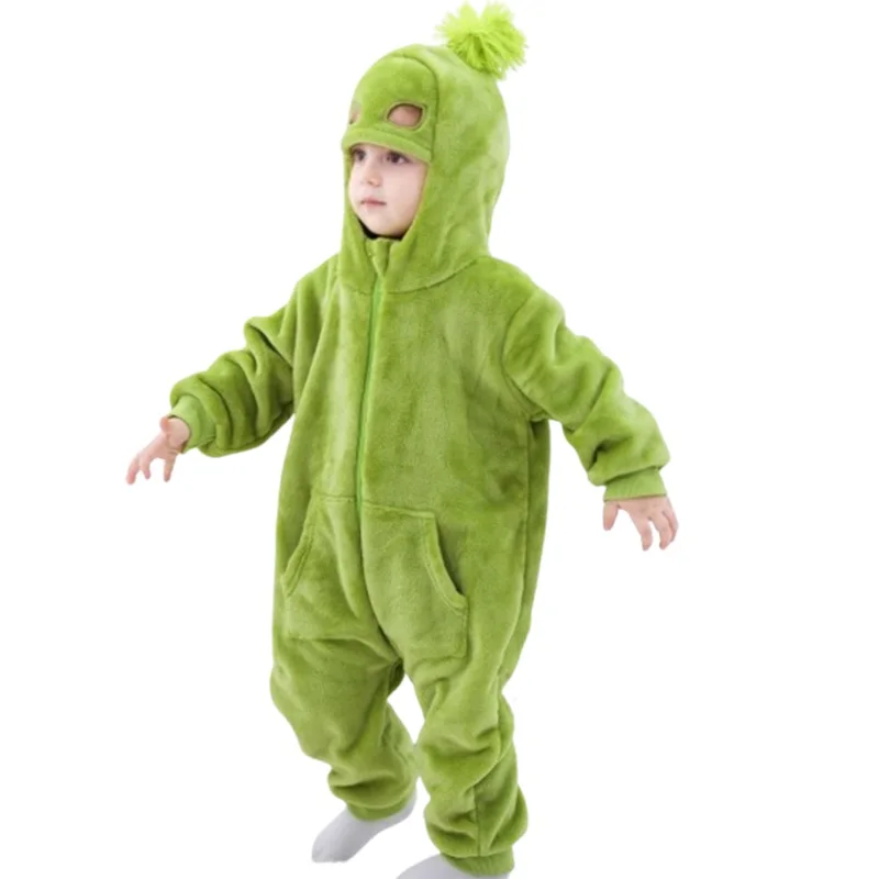 

Kids Christmas Costume Green Plush Hooded Zipper Baby Jumpsuit with Facewear for Toddler Cosplay Party Holiday Outfit