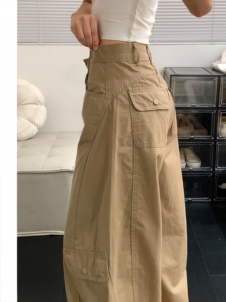 بنطلون عمل أمريكي بمقاسات كبيرة للنساء، تصميم عصري متعدد الجيوب، بنطلون جينز مستقيم وواسع الساق بخصر عالي وتأثير تنحيف