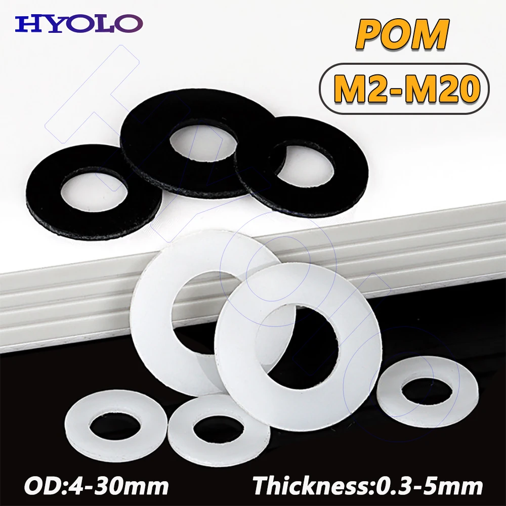 ID 2-20mm White/Black POM Flat Washers OD 4-30mm High-Strength Hard Plastic Insulating Gasket Thickness 0.3-5mm