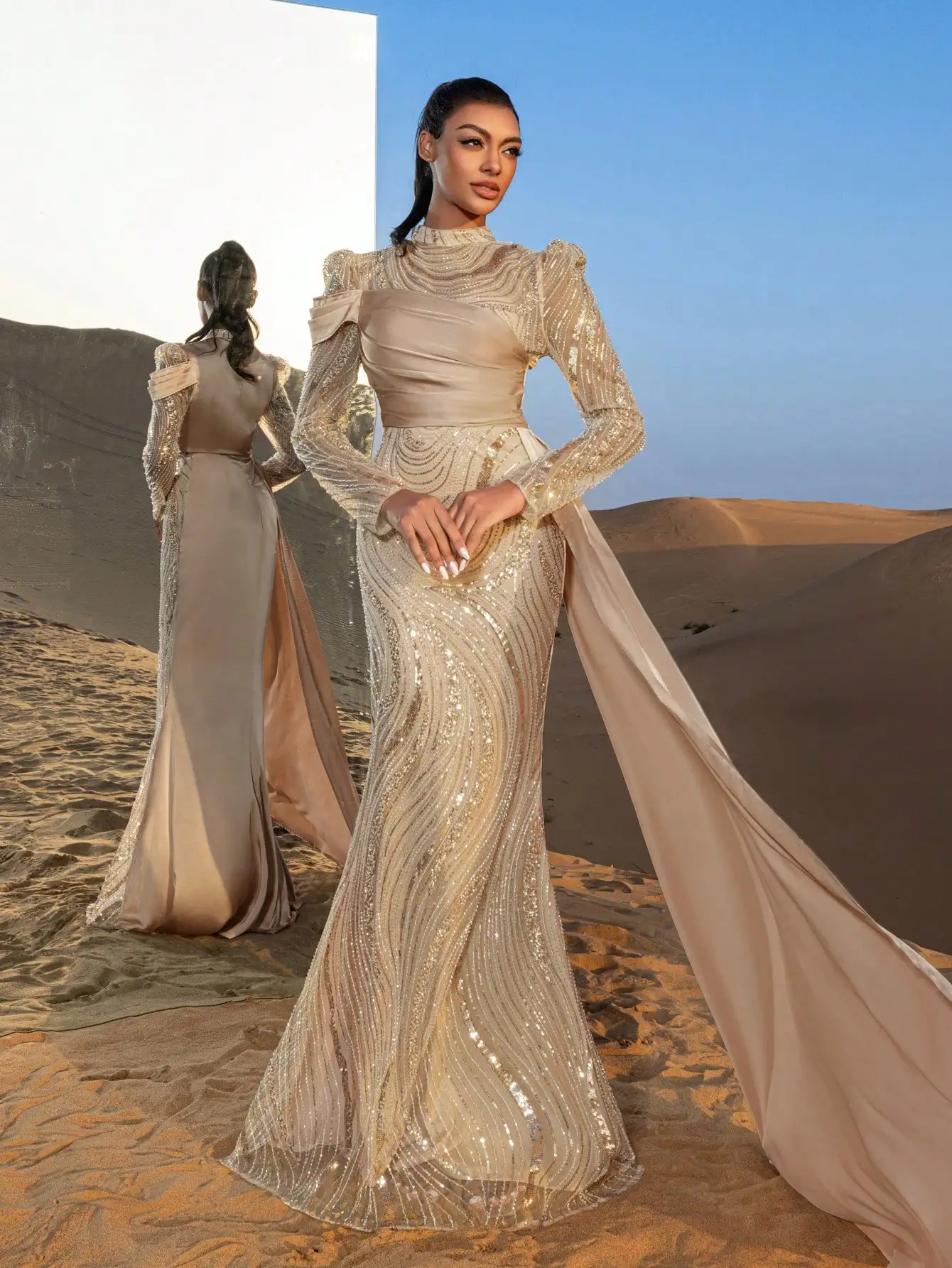 Lindo decote simulado mangas transparentes bainha sereia vestidos formais e vestidos de noite