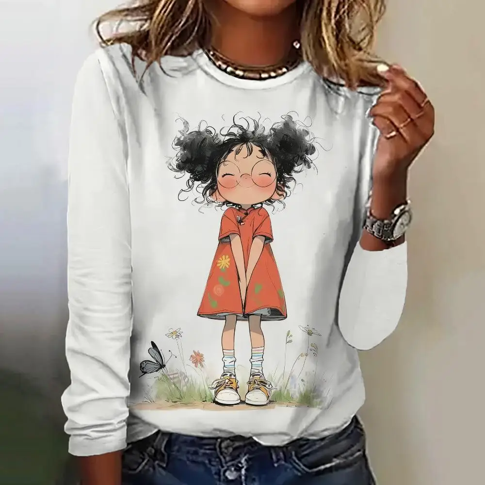 Women\'s T-Shirt Top Long Sleeved Pullover Fashion Little Girl Print Street Round-Neck Tee Shirt Female Everyday Loose Clothing