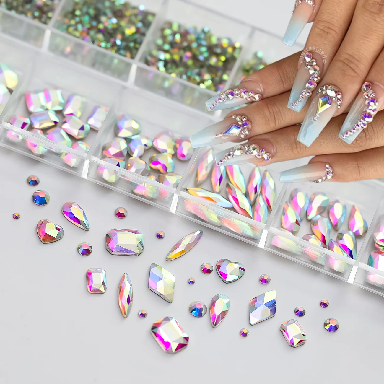 

12 Grids 3D AB Flatback Nail Art Rhinestones Mixed Round/Heart/Drop/Square Glitter Diamond Nails Charms DIY Luxury Manicure Gems