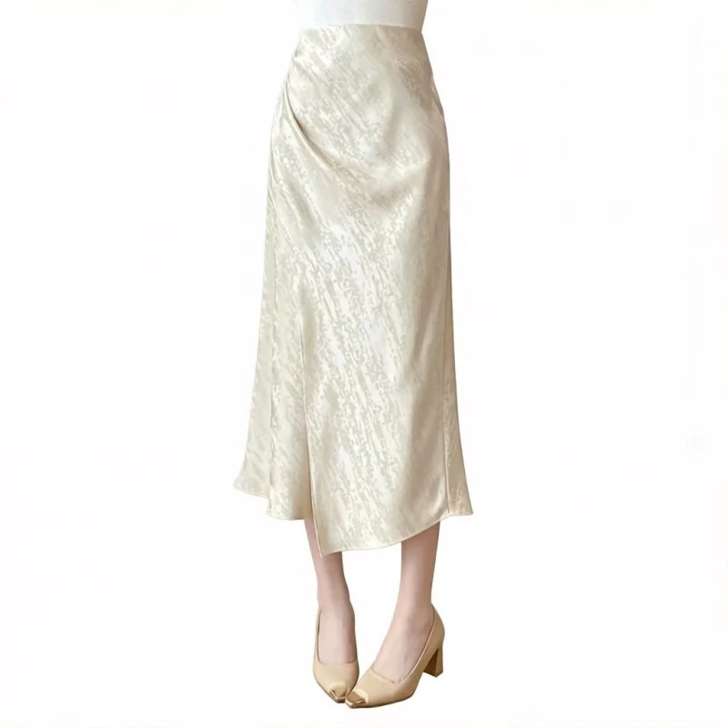 

New 2026 Simple Jacquard Slit Satin Skirt for Women Spring Summer High Elastic Waist Long Mermaid Skirts for Drape Elegant Style