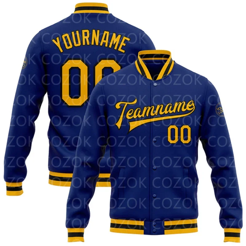 

Custom Blue Yellow 3D Printed Baseball Button Jacket Bomber Full-Snap Varsity Letterman Jacket