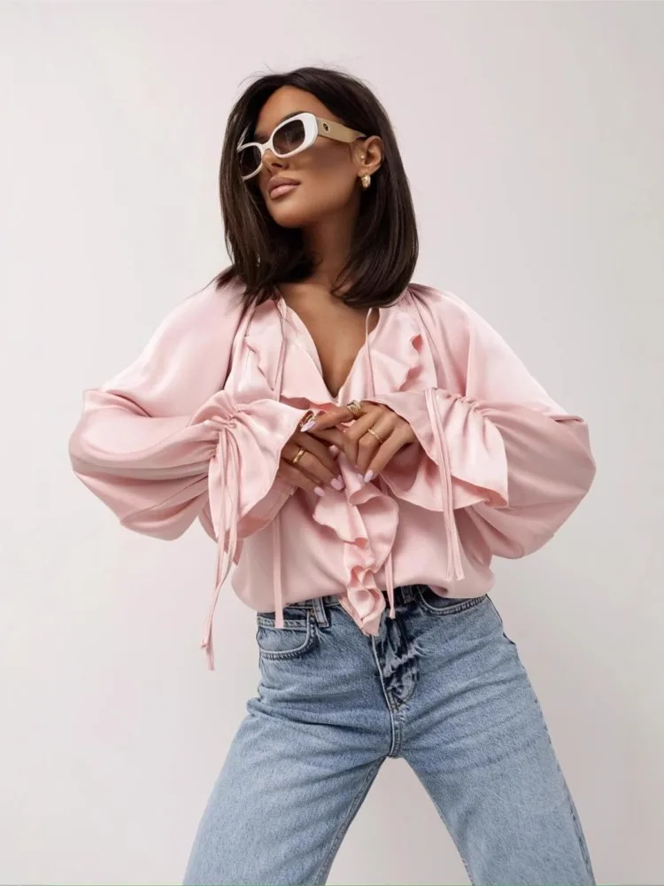 แฟชั่นผู้หญิงเสื้อลําลอง Flare Sleeve Lotus Leaf Edge Lace Up เสื้อชีฟองใหม่ Lady เดินทางชุดเสื้อผ้าฤดูร้อน