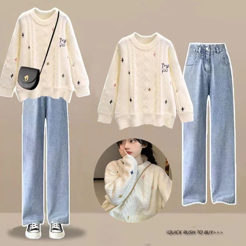 2023 Autumn Winter Women Matching Sets Cute Rabbit Sweater Pullover Slim Flare Pants 2 Piece Suit Korean Lady Knit Tops Trousers