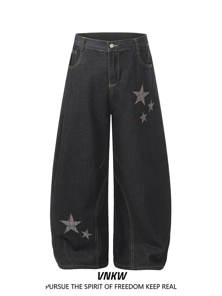 

American High Street Vibe Original Cow Knife Jeans Men Women Loose Wide Leg Star Embroidery Drapey Workwear Long Trousers