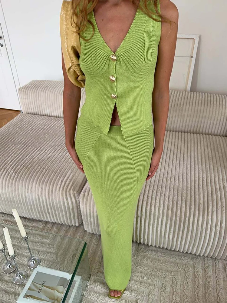 

Sibybo Basics Knitted Maxi Skirt Sets Women Buttons V-neck Sleeveless Vest Long Skirt 2 Piece Set Casual Lady Office Outfits