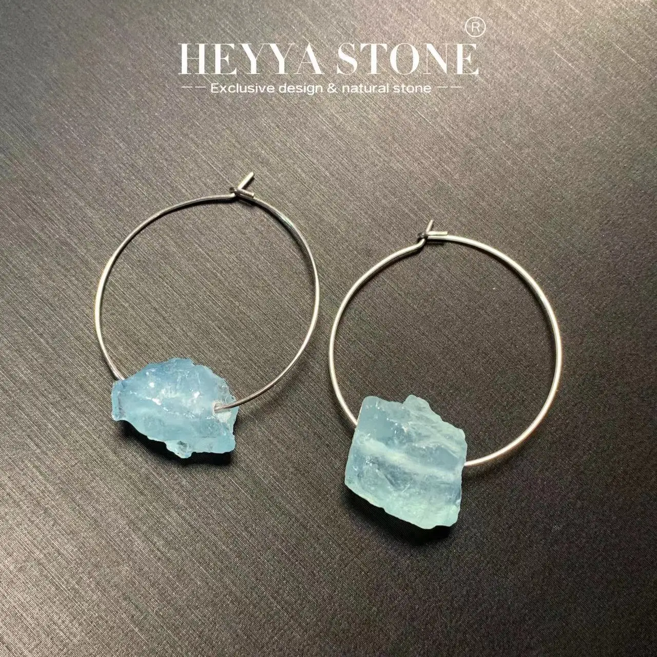 HEYYA STONE Natural Aquamarine Hoop Earrings Rough Raw Simple Classic Round Circle Gemstone Jewelry Handmade Stainless Steel