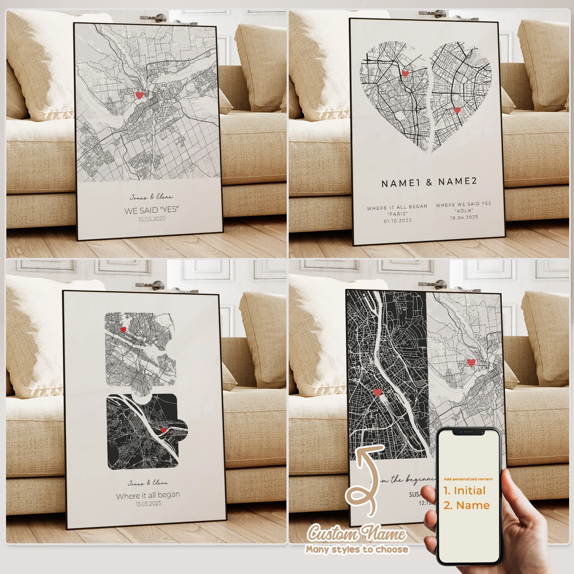 Modern Custom Personalized Couple Color City Map Wall Art Canvas Poster Prints Paintings Picture For Living Room Home Decor Gift