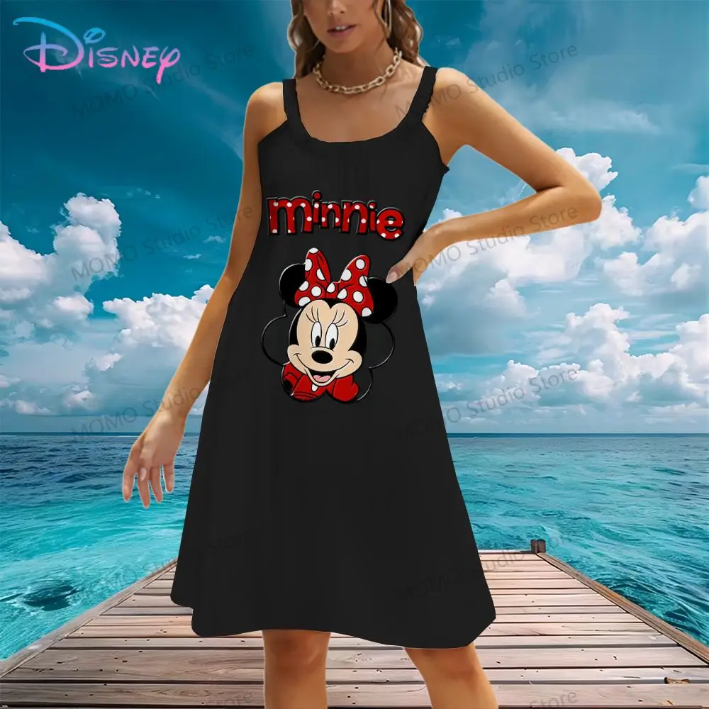 Women's Beach Dress Minnie Mouse Sling Disney's Mickey Fashion Leisure Lovely Evening Dresses 2024 Street Wear Female Clothing