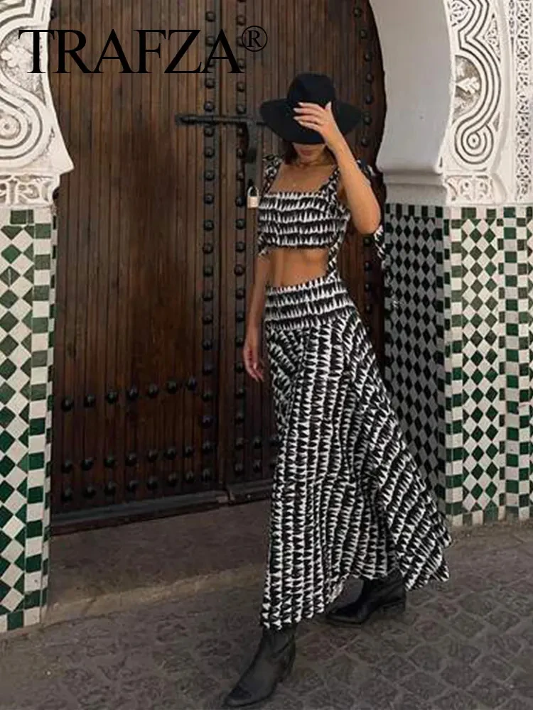 TRAFZA 2024 Vintage Women Print Camisole Skirts Suit Sexy Backless Sleeveless Slim Corset Crop Top+Midi Skirt Streetwear Sets