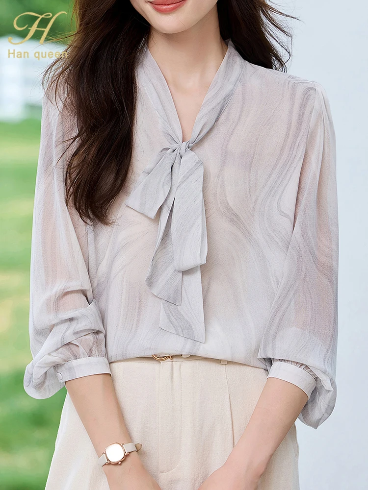 

H Han Queen Chiffon Blouse Women Long Sleeve Thin Elegant Printing Bow Korean Fashion Shirts and Blouses Autumn Women's Clothing
