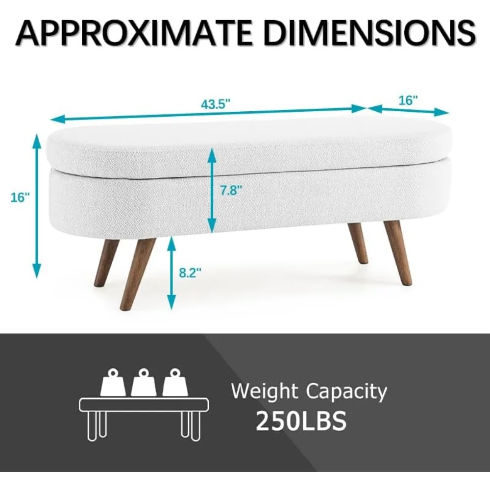 مقعد تخزين من قماش الكتان الأبيض مقاس 43.5 بوصة مع أرجل خشبية صلبة لغرفة المعيشة وغرفة النوم ومدخل العثماني