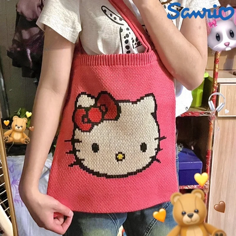 Kawaii Sanrio Hello Kitty Y2k Bag Knitting Tote Bag Women Crochet Woolen Open Shopper Top Handbag Gift Female Daily Shoulder Bag