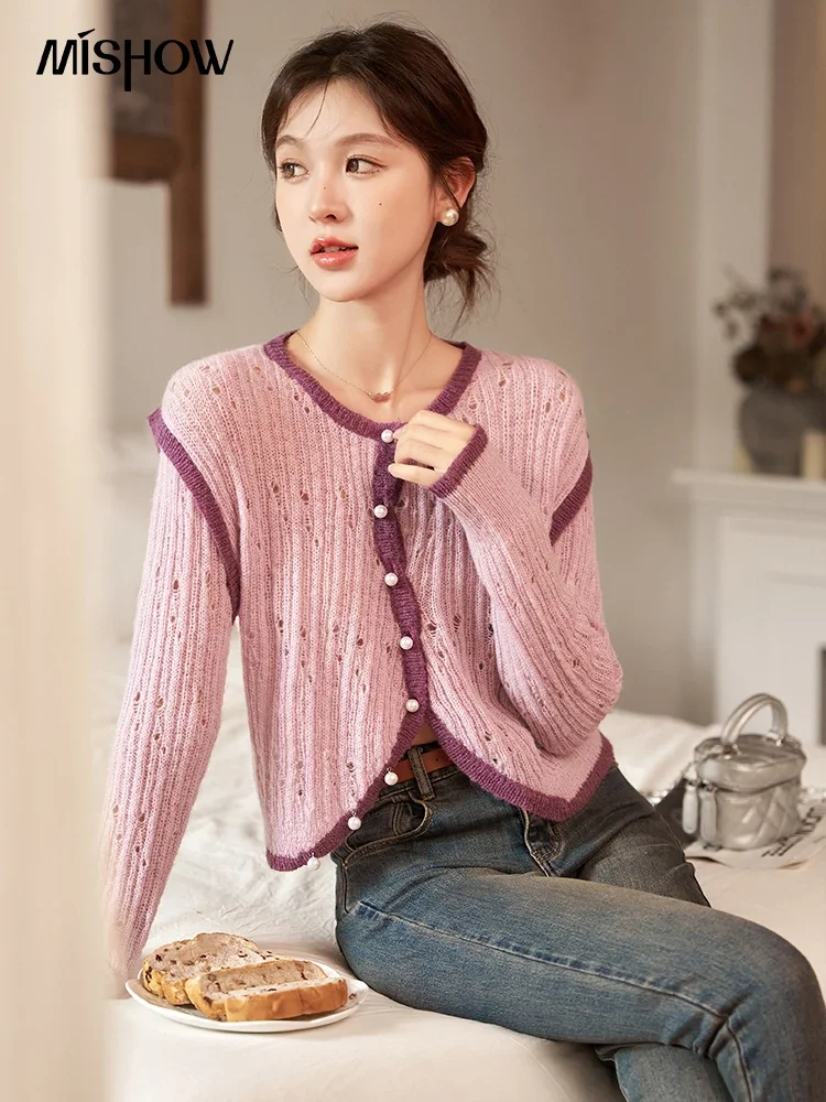 MISHOW [Mohair Fabric]Knitted Sweater Cardigan 2024 Autumn Color Matching Hollow Out Pearl Single Breasted Short Coat MXC41Z0148