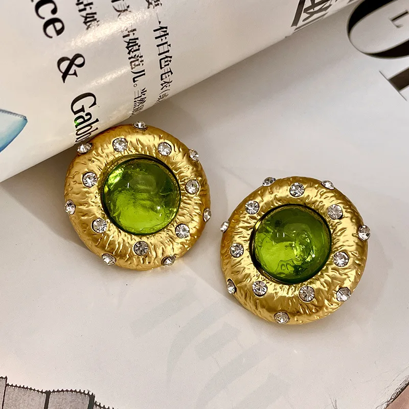 Vintage Court Temperament Green Crystal Sparkling Stud Earrings Round Earrings Exaggerated Luxury Gift for Women