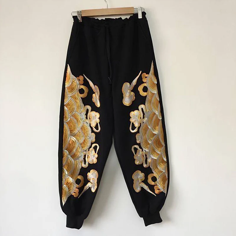 2025 Chinese Ethnic Style Pants, Loose Cuffed 9/10 Length with Auspicious Cloud & Dragon Embroidery