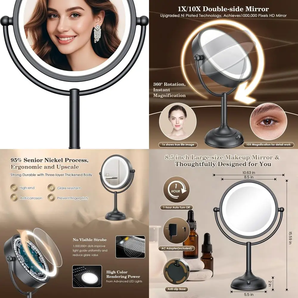 Specchio per trucco illuminato a LED bifacciale da 8,5, ingrandimento 1X/10X, luci regolabili a 3 colori, specchio cosmetico rotante con N nero
