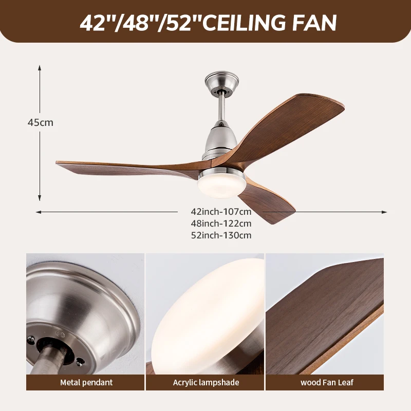 European Style Wooden Ceiling Fan with LED Light and Remote Control Silent Copper Motor, 6-Speed for living room bedroom