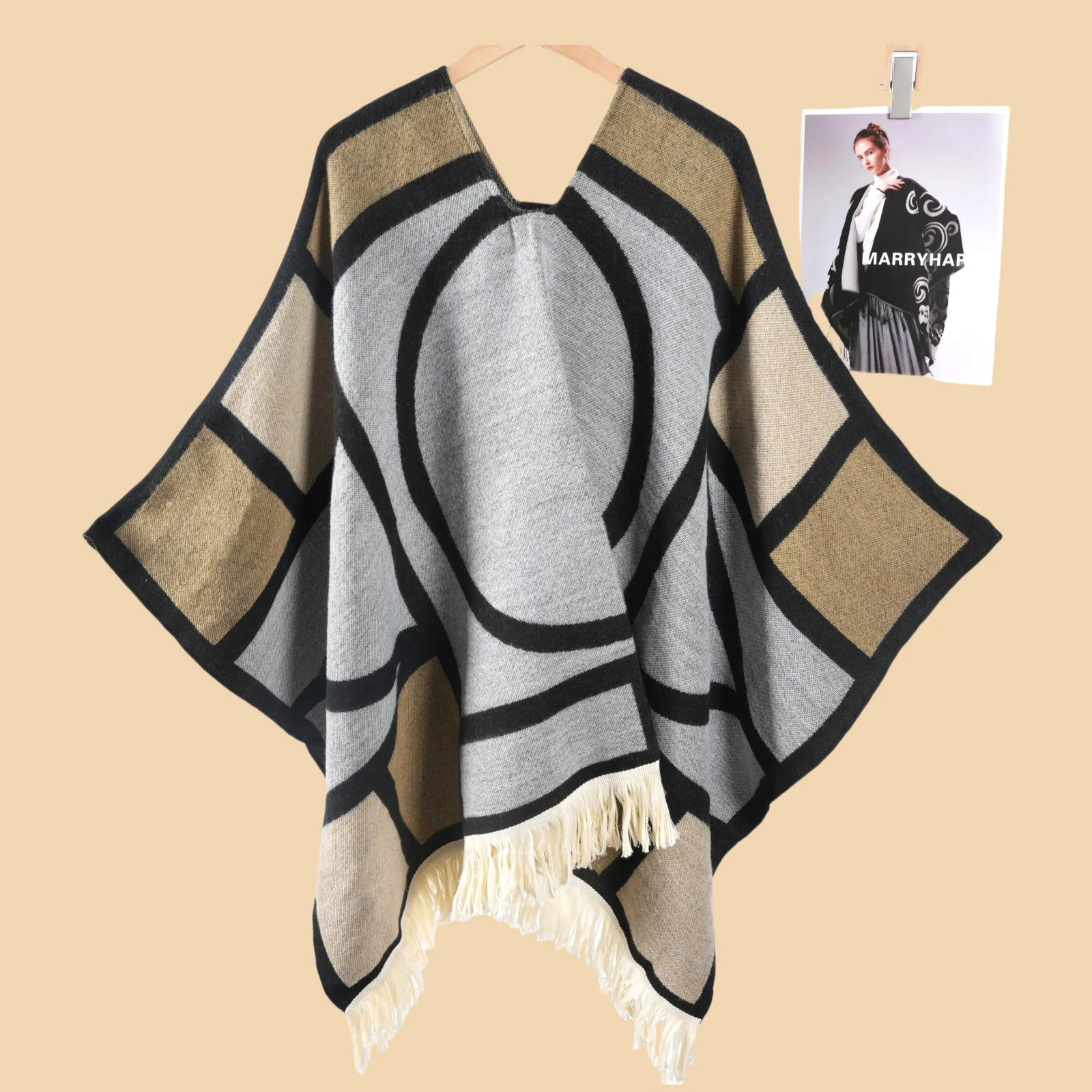 Nuovo poncho geometrico etnico svasato ispessito mantello avvolgente per le donne mantello da viaggio per fotografia