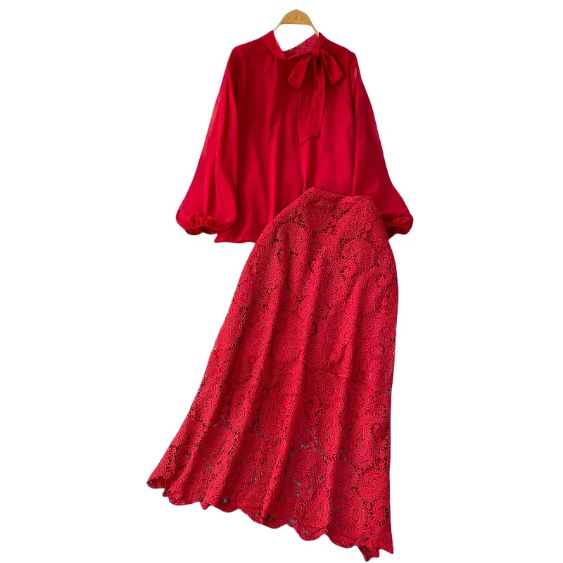 Women Two Piece Sets Skirt Set Round Neck Lantern Sleeve Tops Long Skirts Lace Slim Fit A Line High Waist Y2k Streetwear Elegant