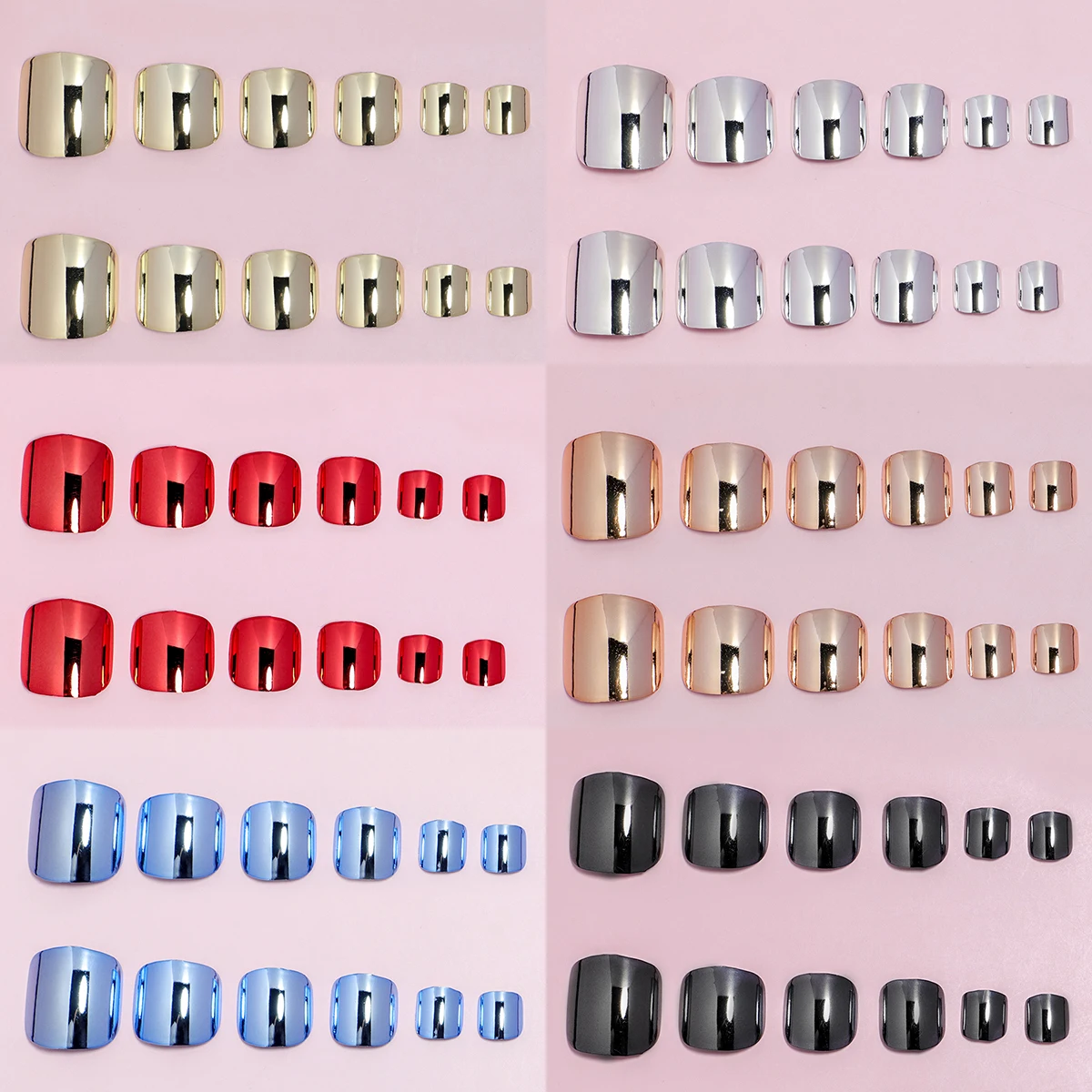 24 pçs espelho cromo imprensa em unhas dos pés metálico dicas de arte do prego falso curto quadrado cobertura completa unhas falsas para mulheres e meninas