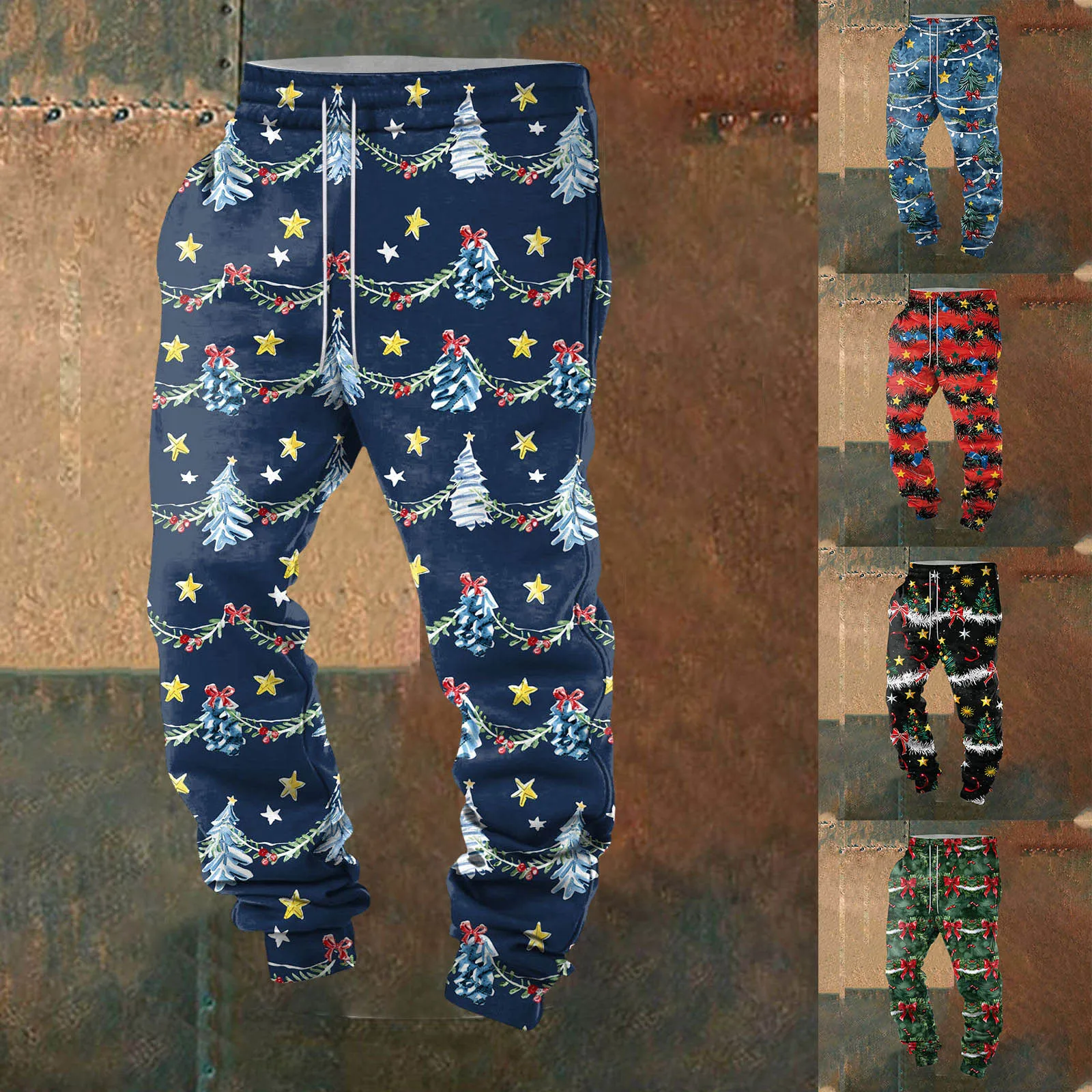 

Cozy Fleece Lined Joggers with Christmas Print Men Trousers Comfortable Casual Funny Print Drawstring Ankle Pants with Pockets