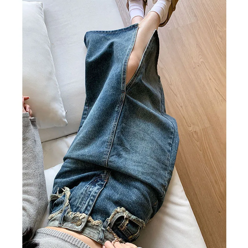 

High-waisted slit denim skirt for women2024New Spring and Autumn Frayed EdgeaA-line retro bodycon long skirt