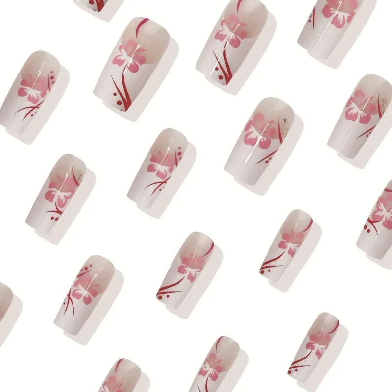 24 Uds. De uñas postizas de longitud media, diseño de flores rosas dulces francesas blancas, puntas de uñas autoadhesivas, uñas postizas artificiales baratas