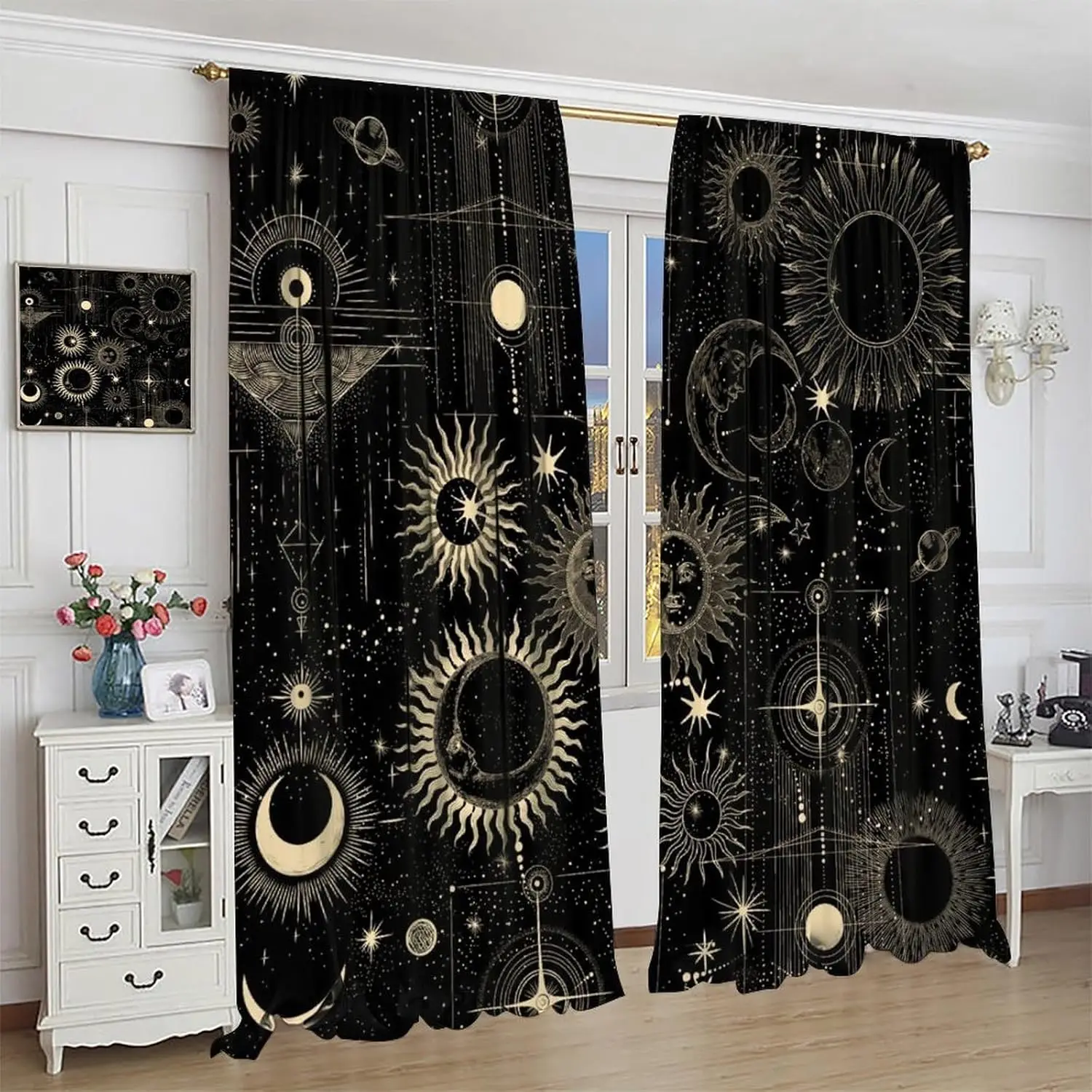 Gothic Sun Moon Curtains,Boho Mystical Galaxy Witchy Tarot Constellation Cosmos Star Pattern Print Blackout Window Drapes for