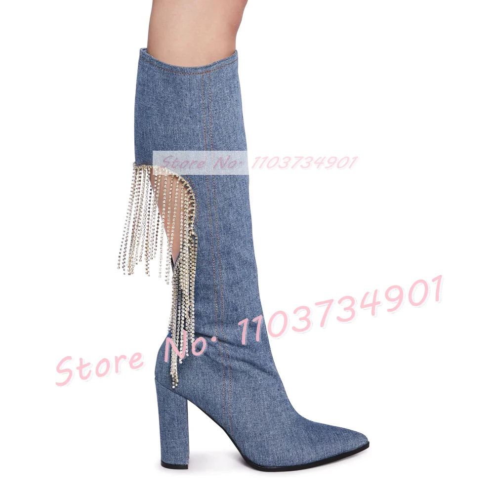 

Rhinestones Pendant Knee-High Boots Pointy Toe Slim Chunky High Heel Women Heart Hollow Shoes Trendy Side Zipper Denim Boots