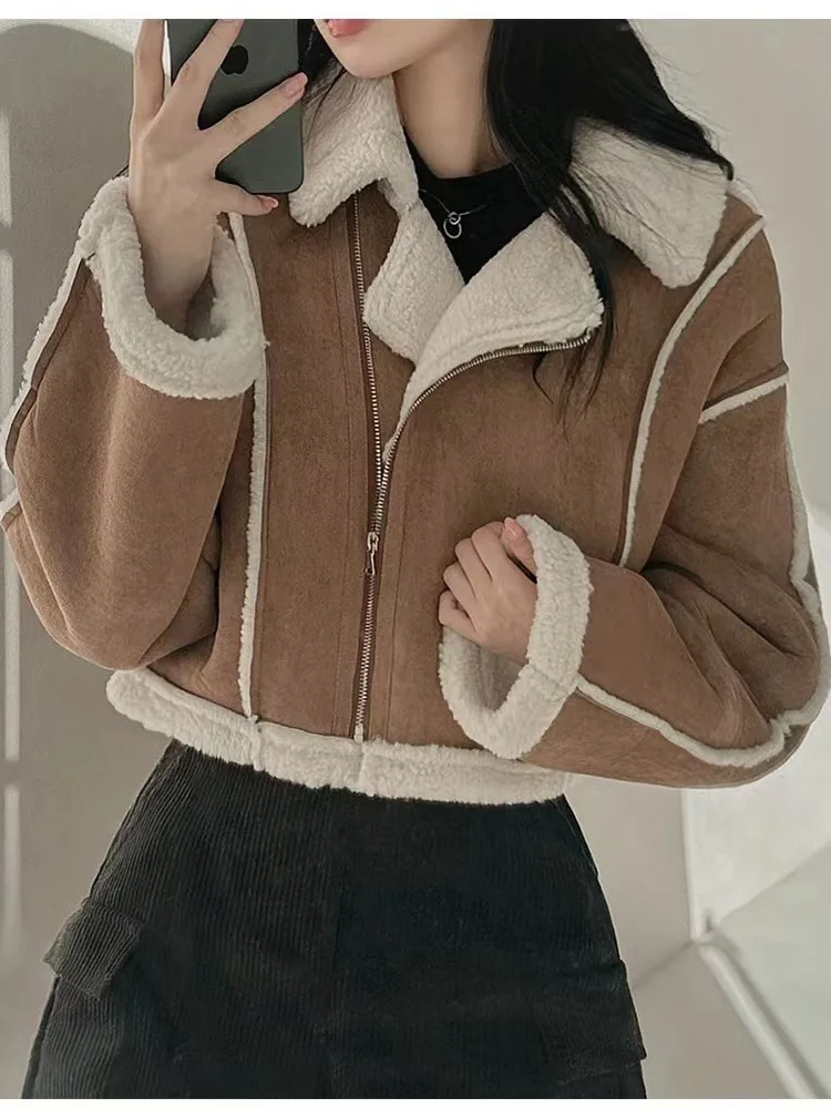 

Корейская замшевая куртка Jacet, женская зимняя новая винтажная верхняя одежда из овечьего меха, длинный све, топ, модная соль или сладкая