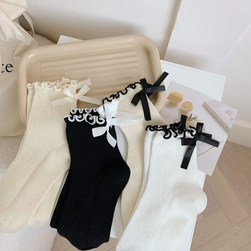 

New Japanese JK Middle Tube Socks Sweet Bowknot Tied Women Heel Pile Socks Girls Gift Bow Sports Cotton Socks