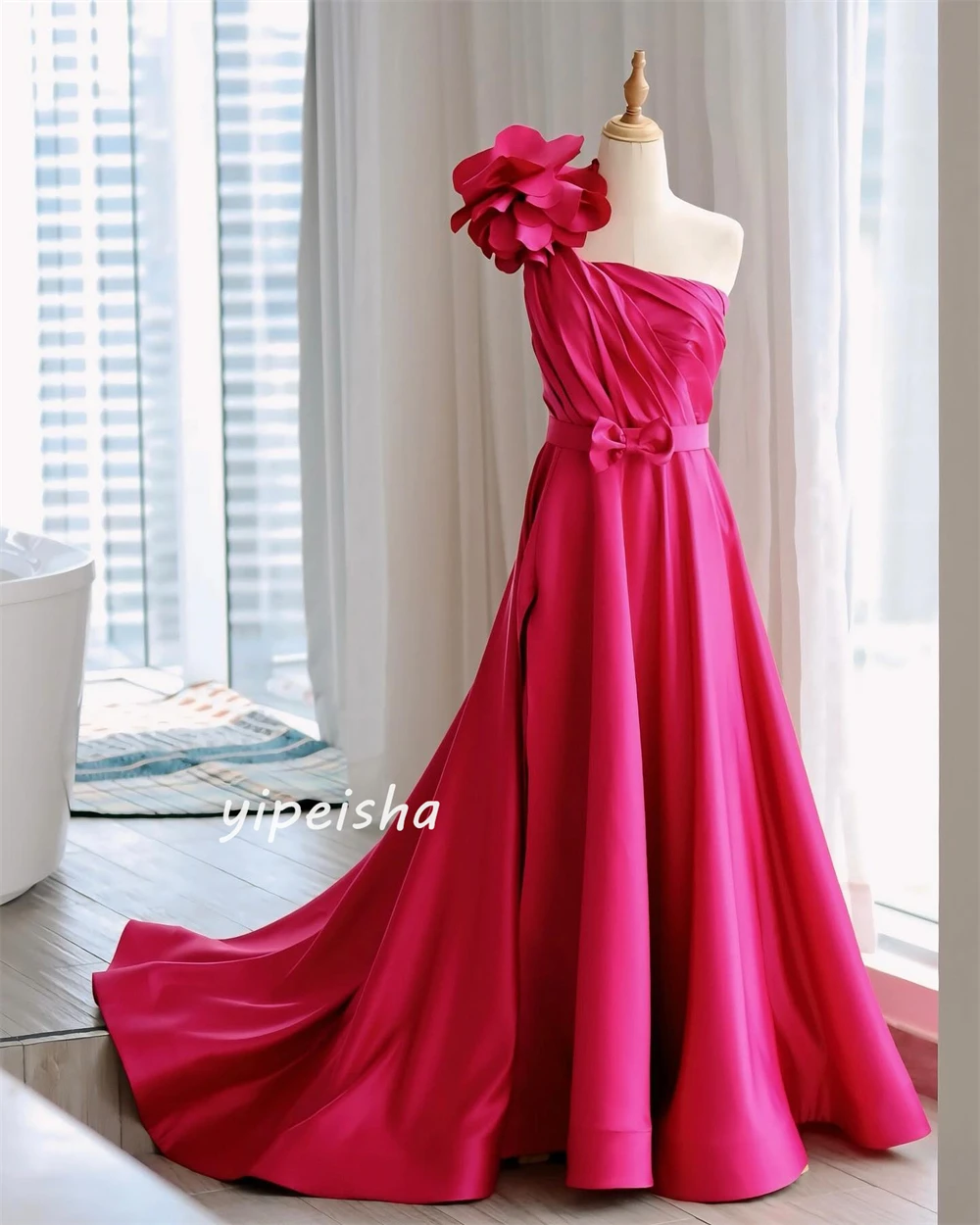 Elegant Fashion Handmade Flower Sash Bow Pleat Draped A-line One-shoulder Long Dresses Celebrity Dresses Matching Pastrol Retro