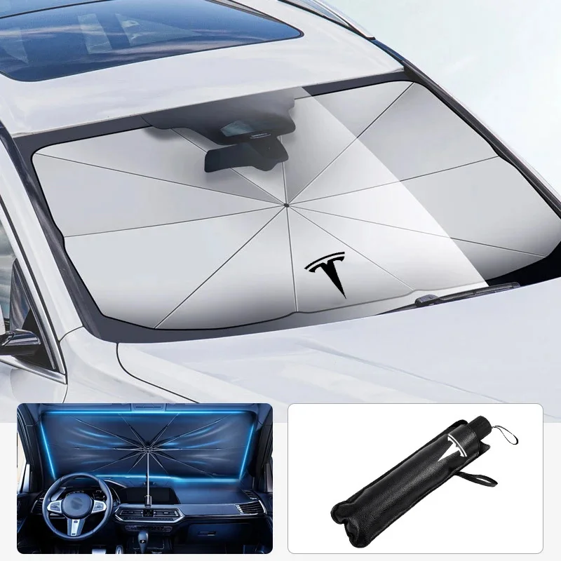 Car Logo Sun Umbrella Windshield Block Heat UV Sun Shade Umbrella For Tesla Model 3 Model S Model X Model Y Roadster Car Styling