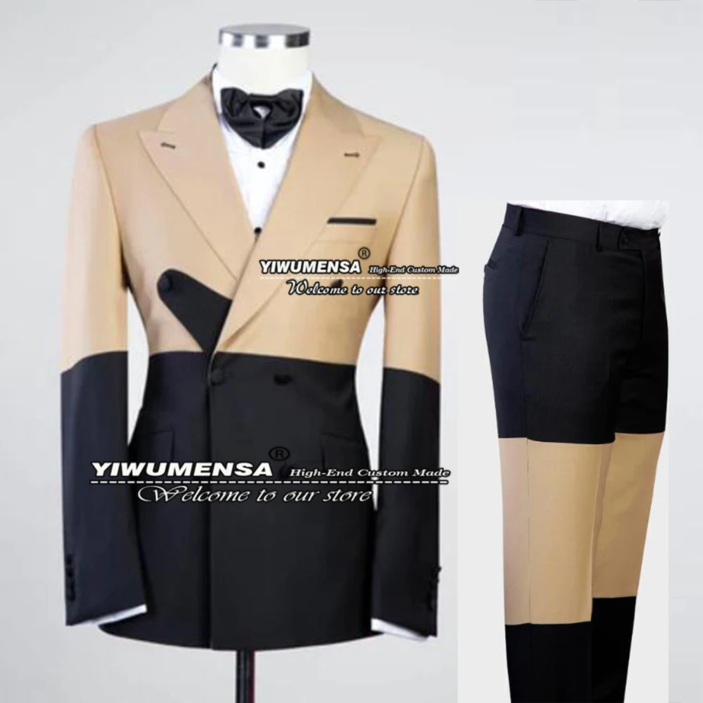 

Smart Casual Suits Men Champagne/Black Spliced Blazer African Wedding Tuxedo Male Clothing Doubel Breasted Coat Pants 2 Pieces