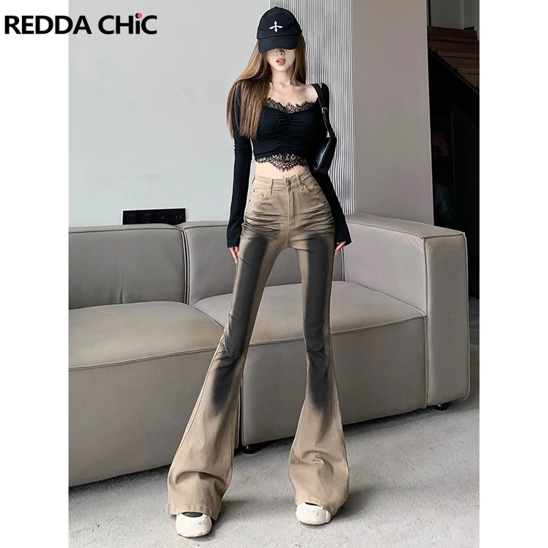 

ReddaChic Y2k Khaki Denim Bootcut Pants for Women Dirty Wash Distressed High Waist Flare Jeans 90s Retro Bell Bottoms Trousers