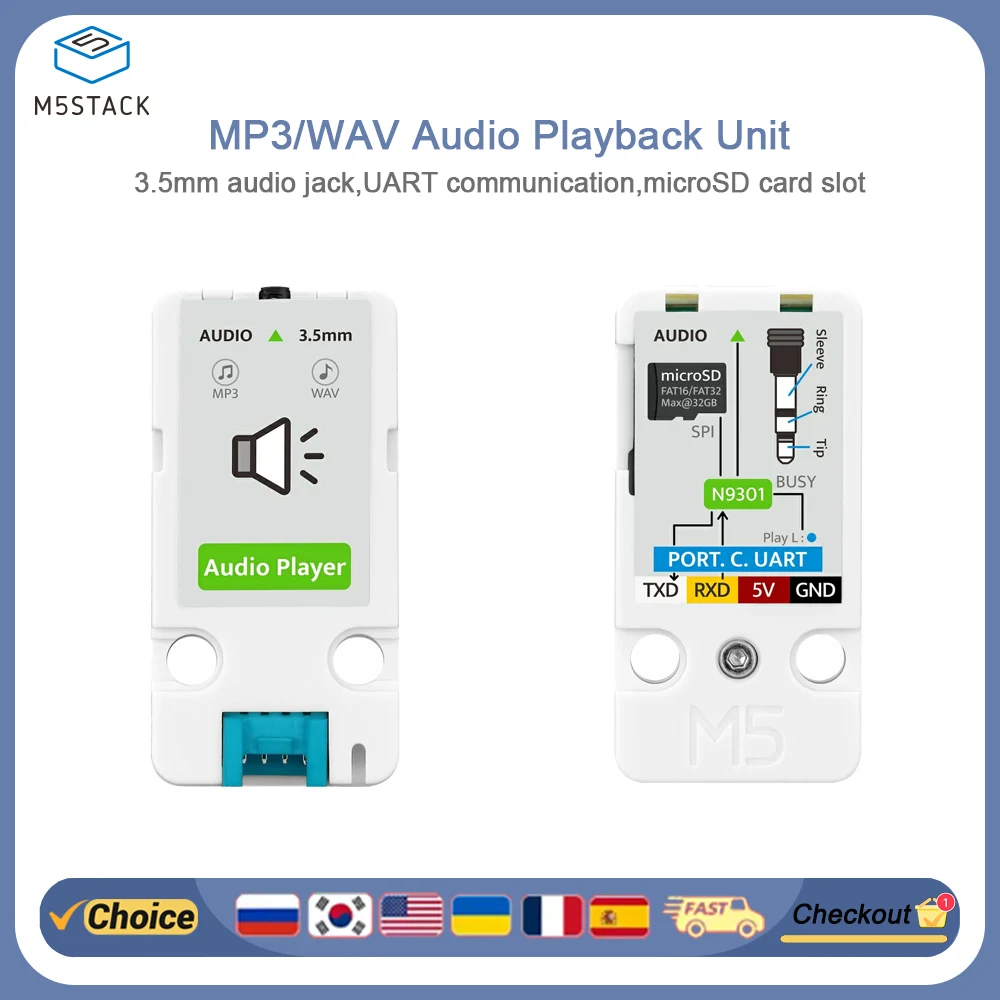 

M5Stack Unit AudioPlayer MP3 Module - N9301 Audio Decoder Chip, 3.5mm Jack, 32GB microSD Card for Arduino/STEM/Smart Home