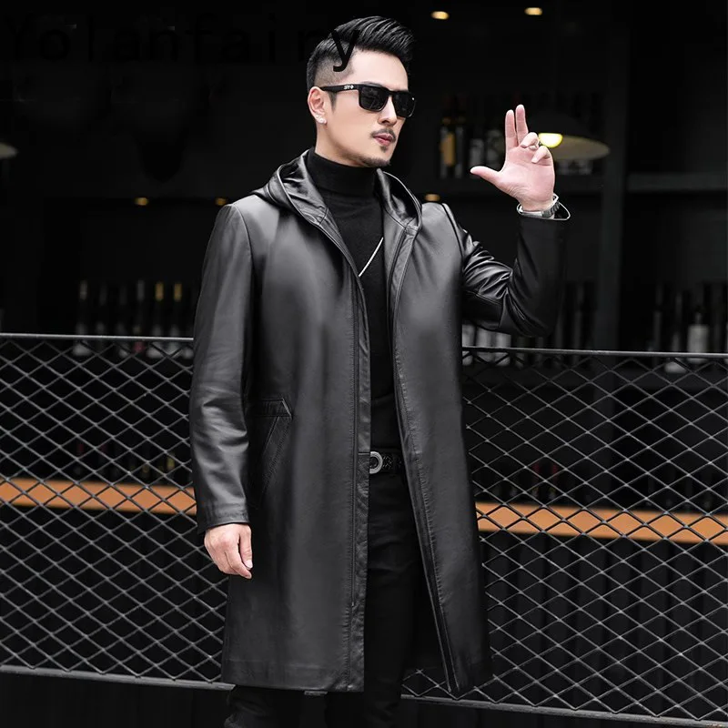 YOLANFAIRY Top Layer Real Cow Leather Mens Jacket Black Long Winter Clothes Hooded Slim Trench Coat for Men 2024 Косуха Мужская